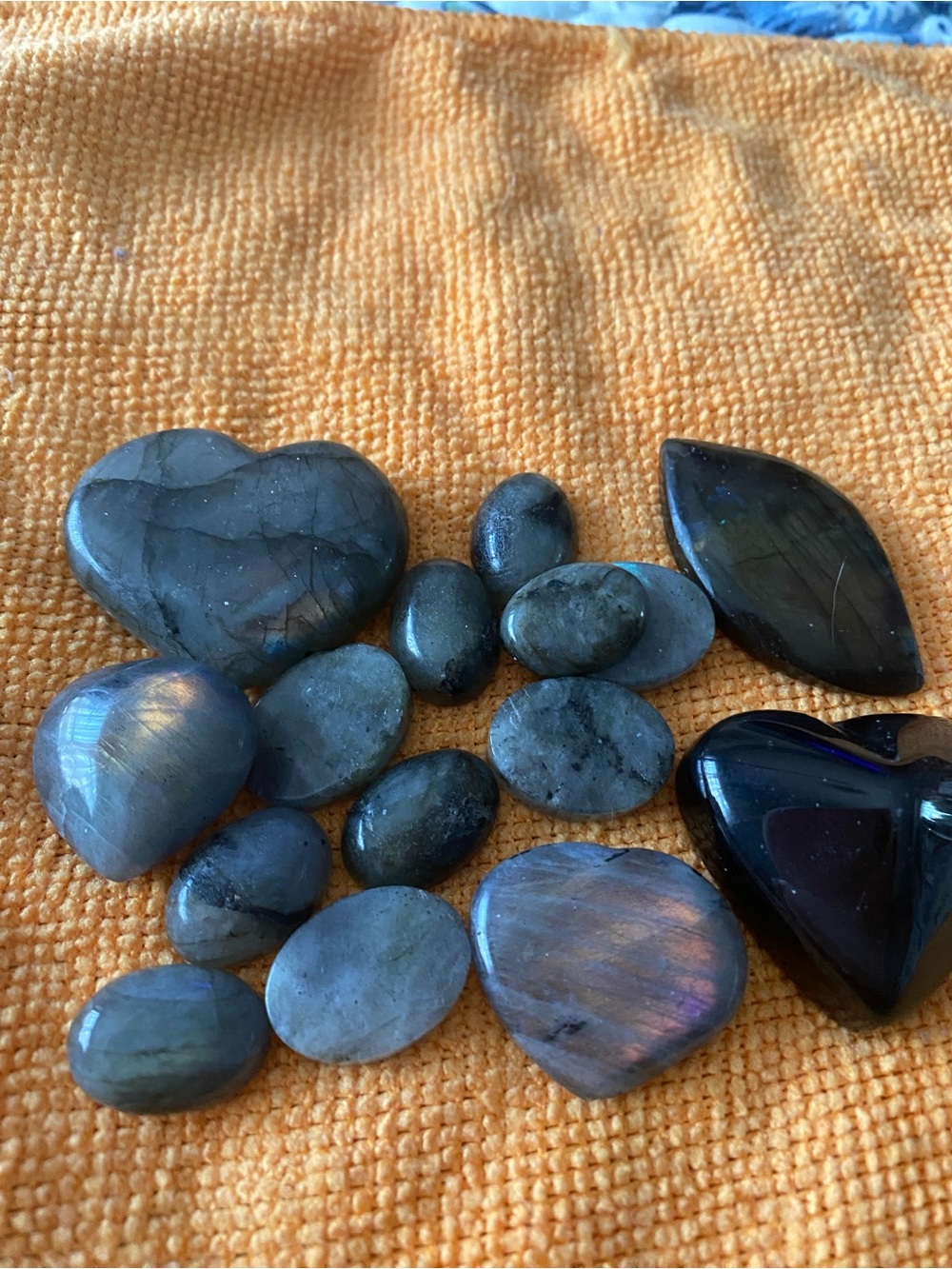 Polished Labradorite Heart & Oval Gemstone Lot - Iridescent Blue-Green